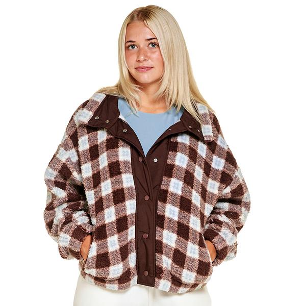 Juniors Pink Rose Sherpa Snap Front Mock Neck Jacket- Brown alternate view
