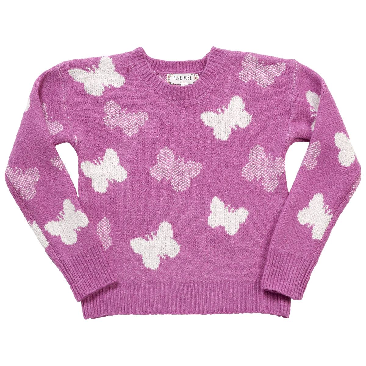 Girls (7-16) Pink Rose Mossy Butterfly Sweater - Berry