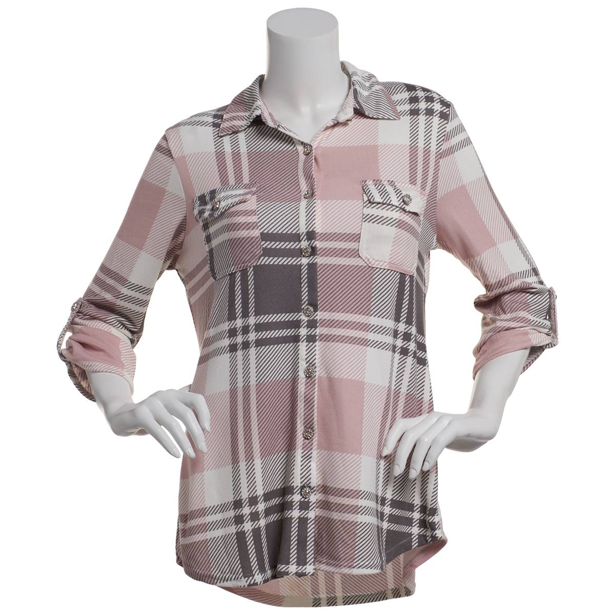 Womens New York Laundry 3/4 Sleeve Plaid Casual Button Down