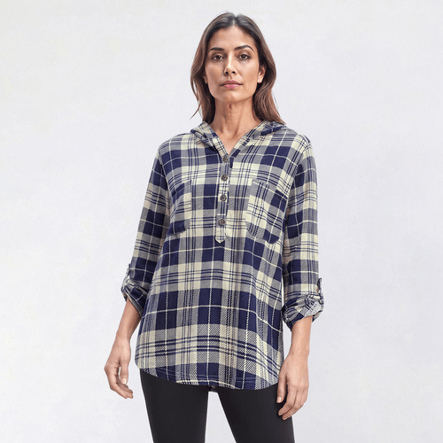 Womens New York Laundry Long Sleeve Plaid Button Placket Hoodie