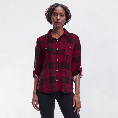 Womens New York Laundry Roll Tab Sleeve Plaid Button Front Blouse