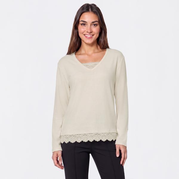 Womens New York Laundry Long Sleeve Solid Lace Trim Sweater