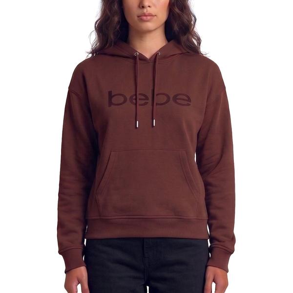 Womens Bebe Long Sleeve Satin Logo Fleece Pullover Hoodie