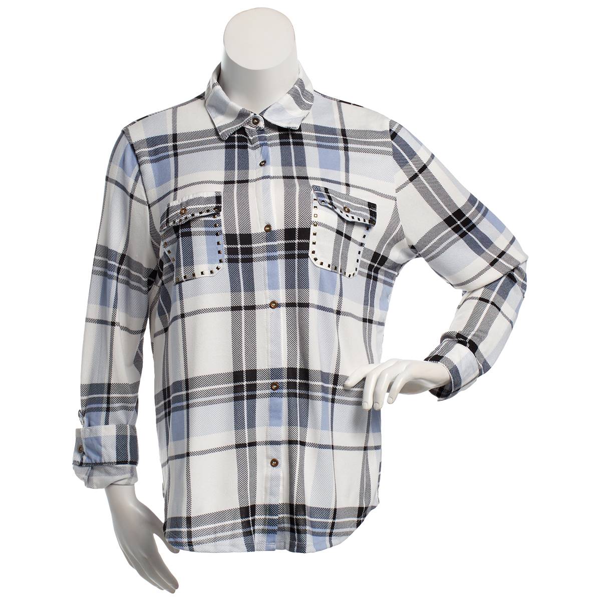 Plus Size New York Laundry Studded Plaid Button Down - Blue