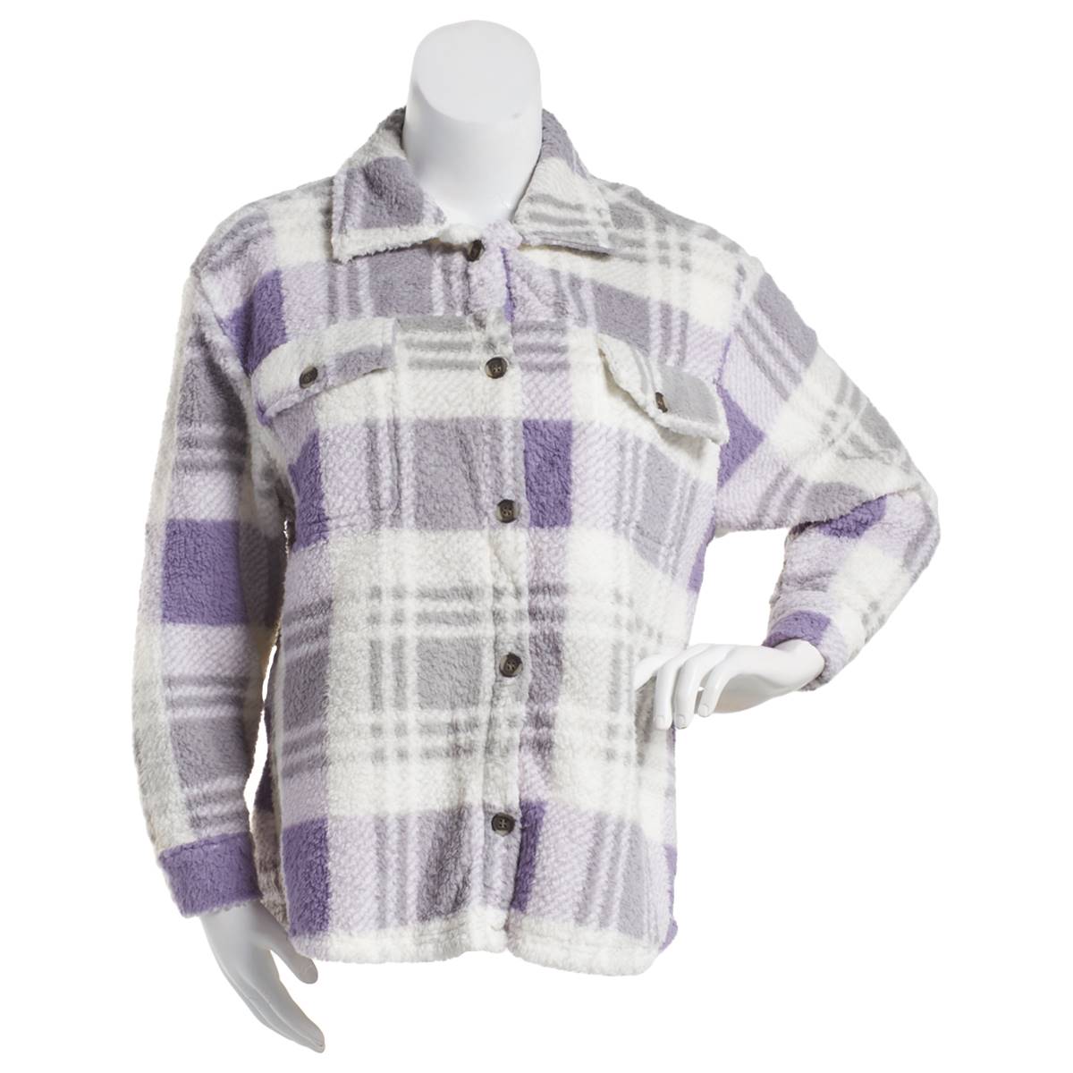 Plus Size New York Laundry Sherpa Plaid Shacket W/Pocket - Lilac
