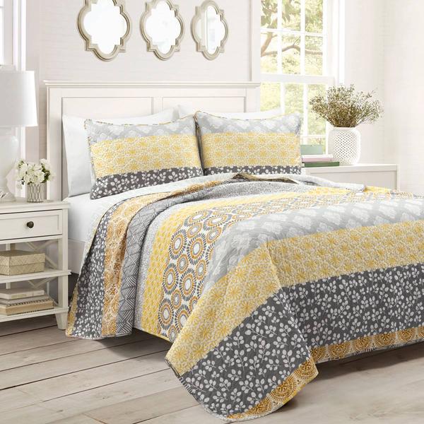 Bohemian Stripe Reversible Cotton 3pc. Quilt Set