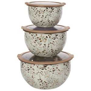 Homestead 3pc. Stainless Steel GoldFloral Printed Bowl Set w/Lids