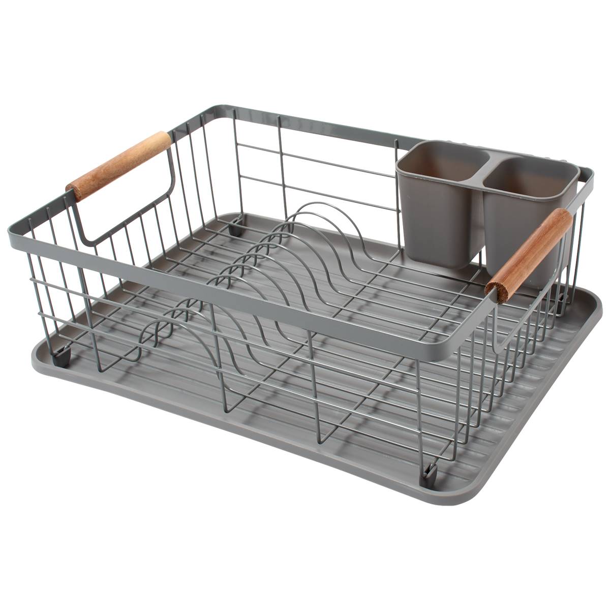 Gourmet Kitchen Dish Rack W/ Acacia Handles - Charcoal