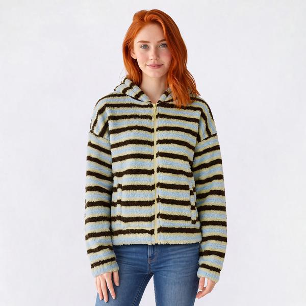 Juniors Derek Heart Striped Sherpa Control Waist Hooded Jacket