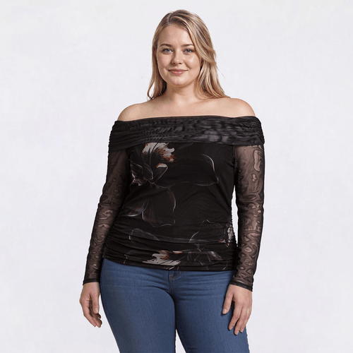 Juniors Plus Derek Heart Off the Shoulder Floral Mesh Top alternate view