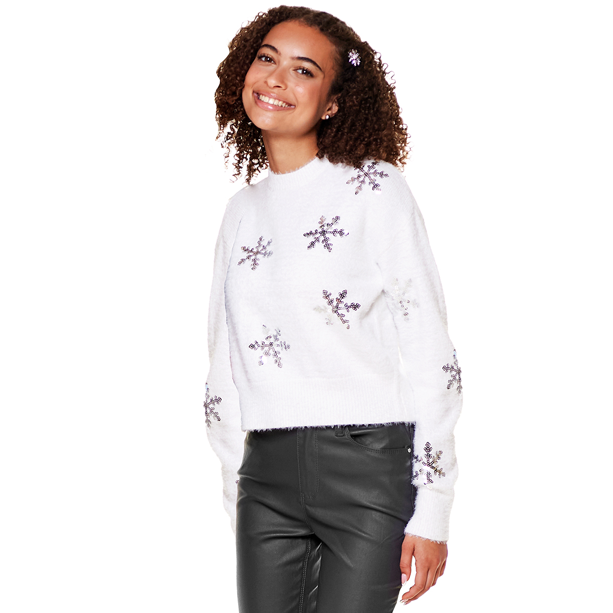 Juniors Derek Heart Snowflake Eyelash Sweater