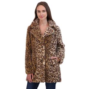 Womens Sebby Crushed Faux Fur Leopard Coat with Notch Collar