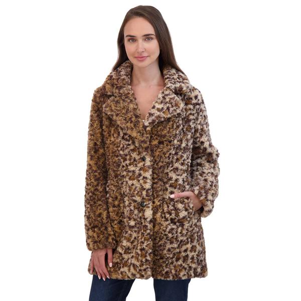 Womens Sebby Crushed Faux Fur Leopard Coat with Notch Collar