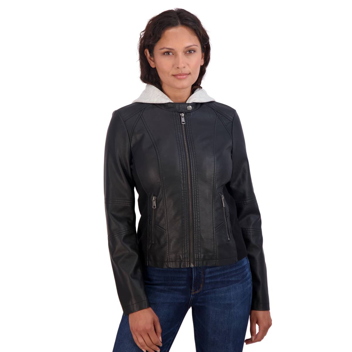 Womens Sebby Faux Leather Scuba W/Fleece Hoodie Jacket