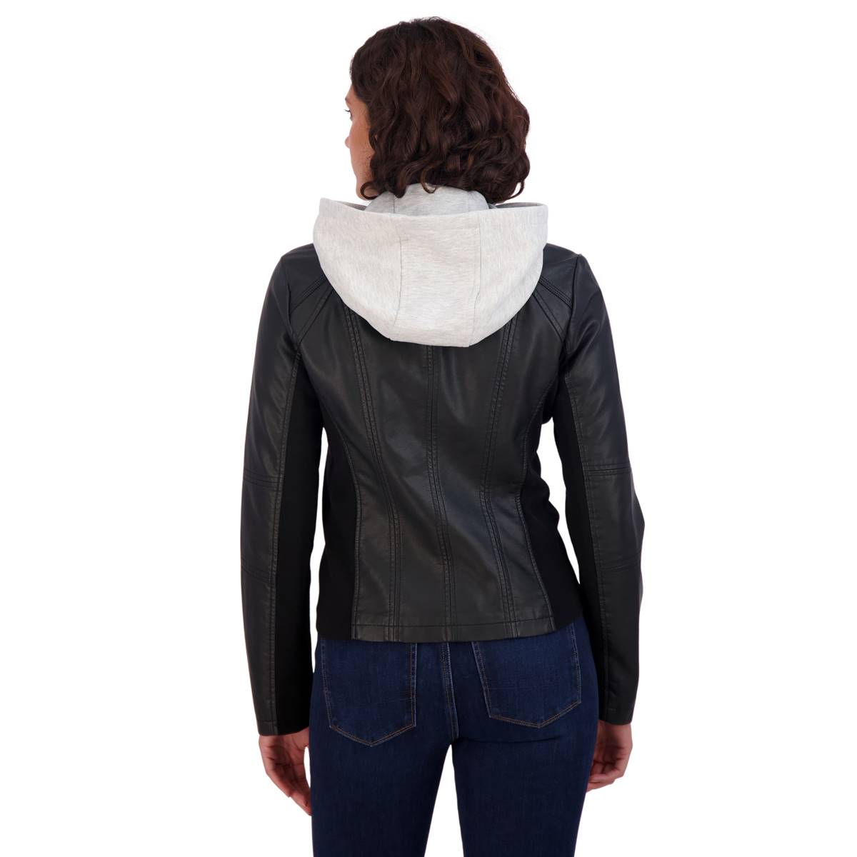 Womens Sebby Faux Leather Scuba W/Fleece Hoodie Jacket