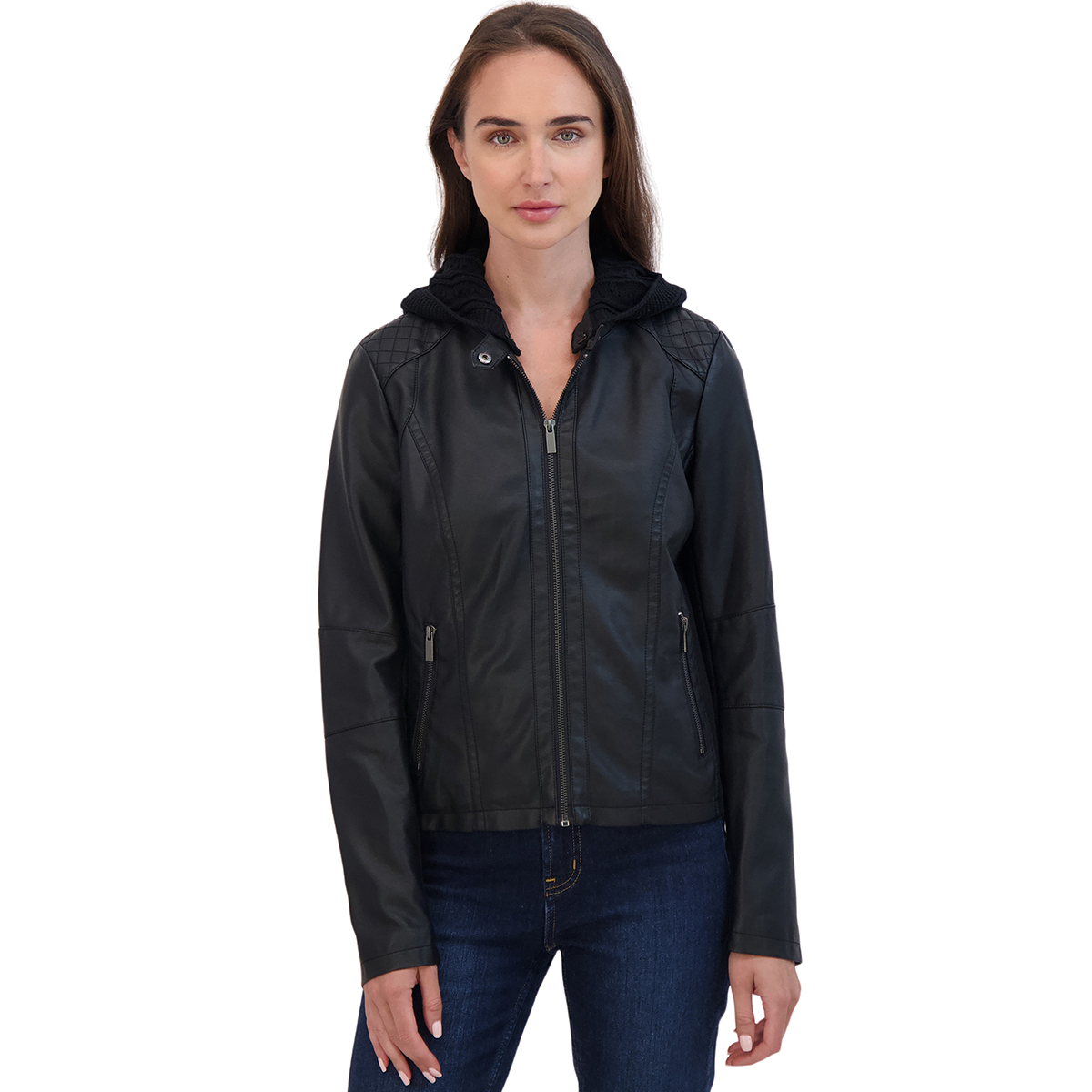 Plus Sebby Faux Leather Jacket w/Scuba Side & Knit Hood