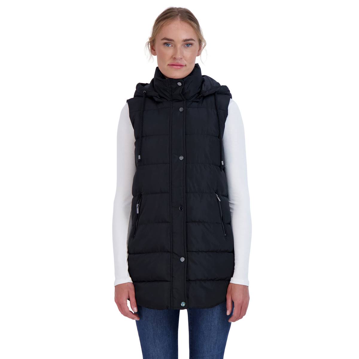 Womens Sebby Collection Long Puffer Vest with Detachable Hood