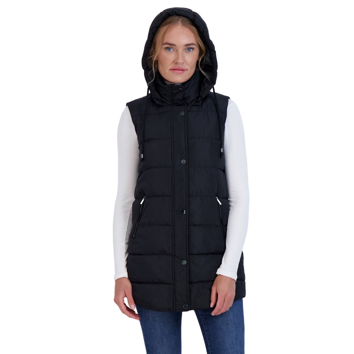 Womens Sebby Collection Long Puffer Vest with Detachable Hood