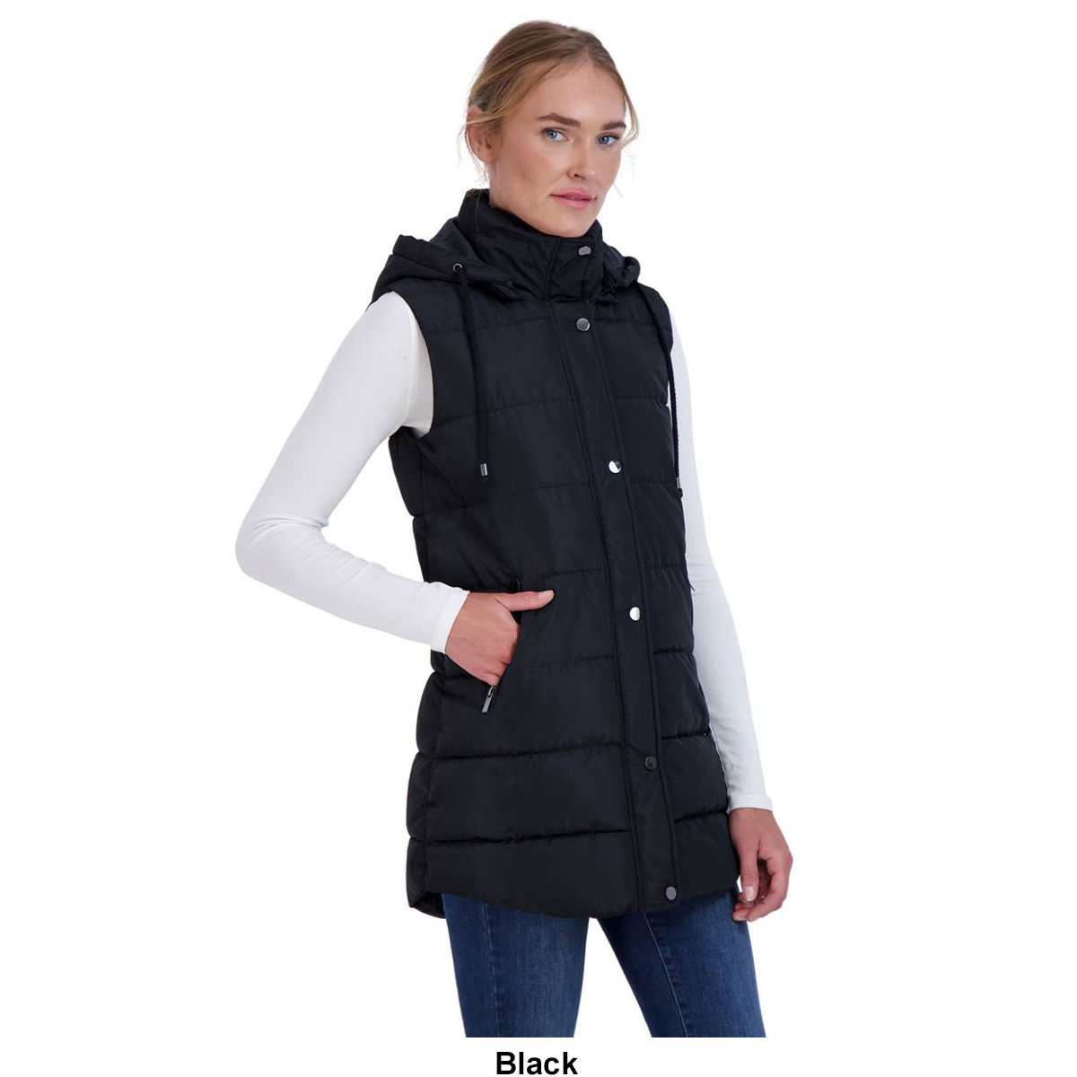 Womens Sebby Collection Long Puffer Vest with Detachable Hood