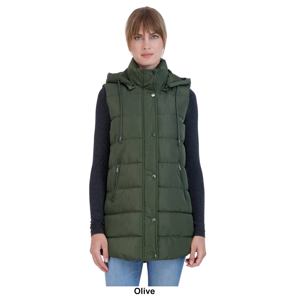 Womens Sebby Collection Long Puffer Vest with Detachable Hood