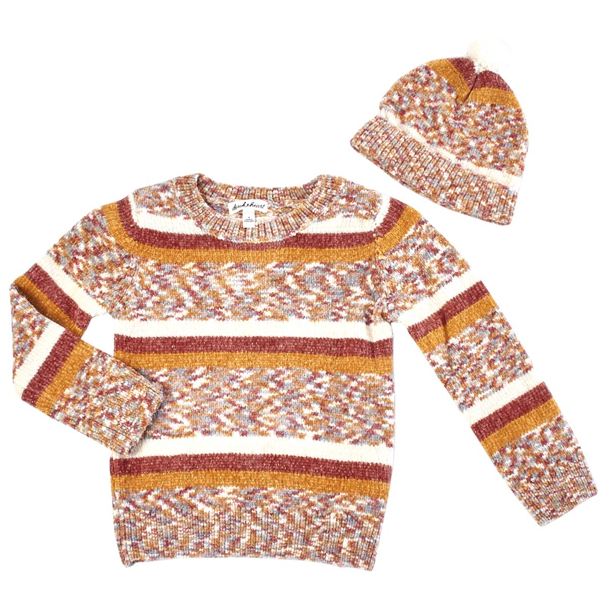 Girls (4-6x) Derek Heart Stripe Chenille Sweater W/Beanie