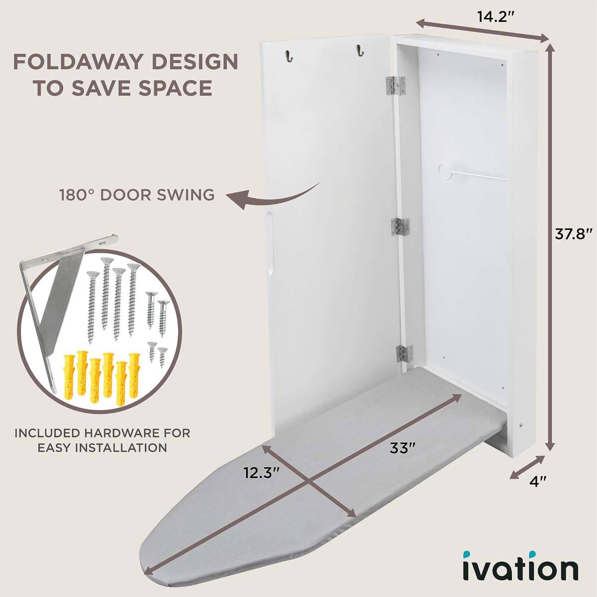 Ivation Wall Mounted Left Side Door Ironing Board W/ Mirror