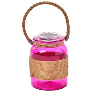 Glass LED Solar hanging Jar w/ Rope Handle - Magenta
