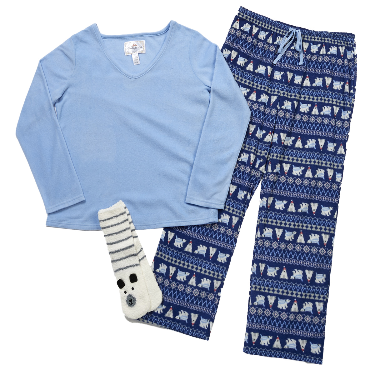 Womens Goodnight Kiss Solid V-Neck Polar Bear Pajama Set