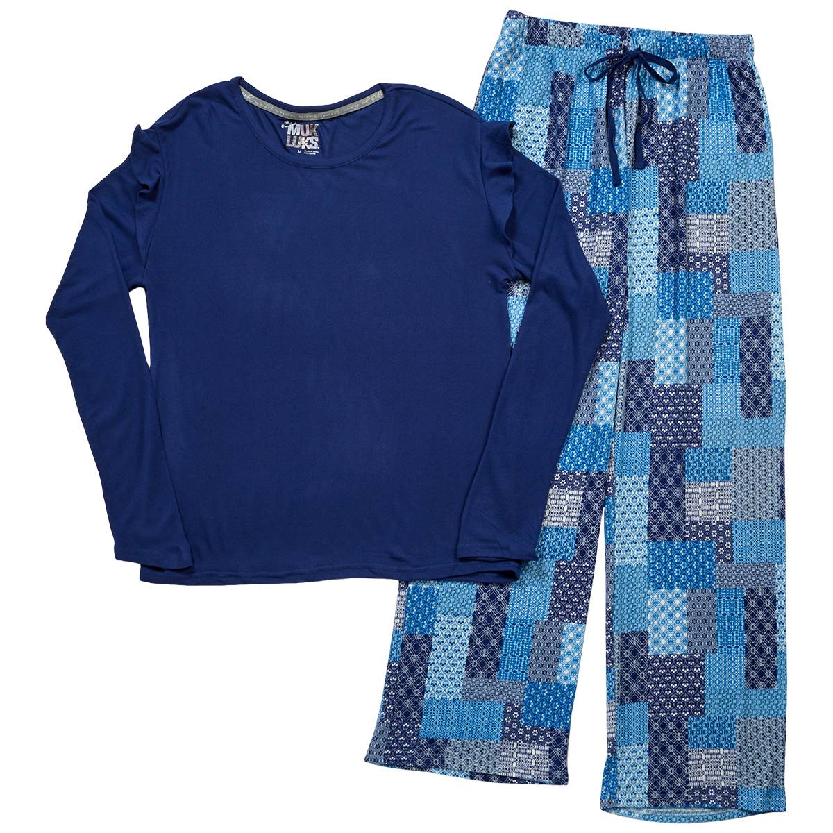 Womens MUK LUKS(R) Long Sleeve Solid Top & Patchwork Pajama Set
