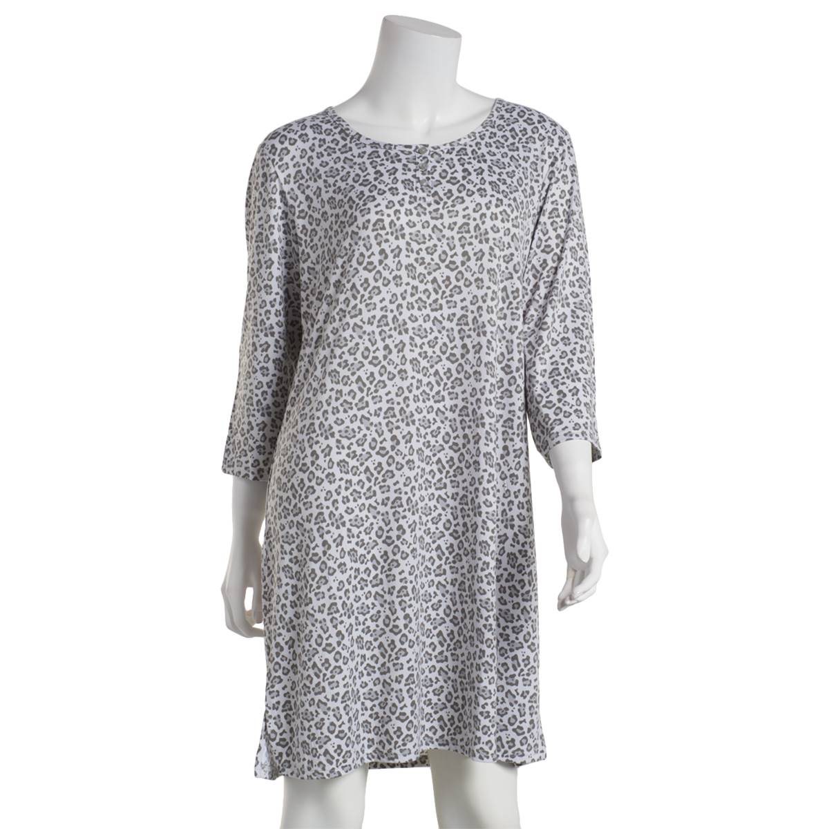 Womens White Orchid Leopard 3/4 Sleeve Henley Nightshirt