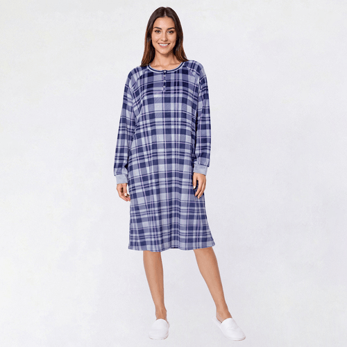 Womens Goodnight Kiss Plaid Velour Henley Nightshirt