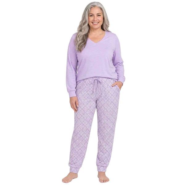 Plus Size White Orchid Solid V-Neck Top/Tile Pants Pajama Set