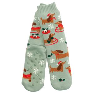 Womens Fuzzy Babba Christmas Dachshund Sledding Slipper Socks alternate view
