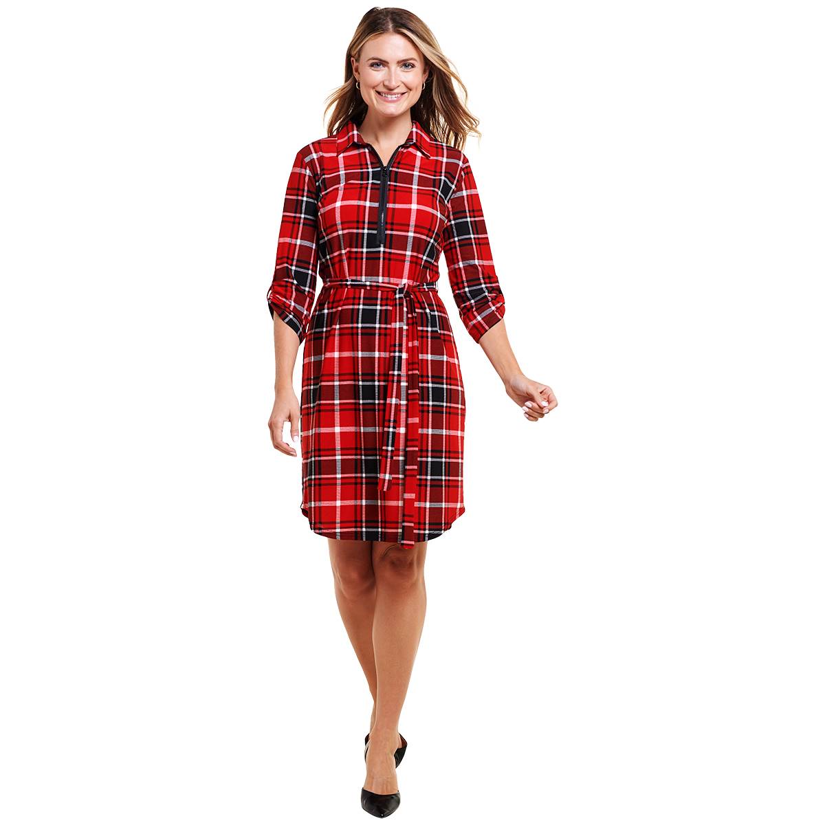 Womens Mlle Gabrielle Long Sleeve Plaid 1/2 Zip Neck Shirtdress