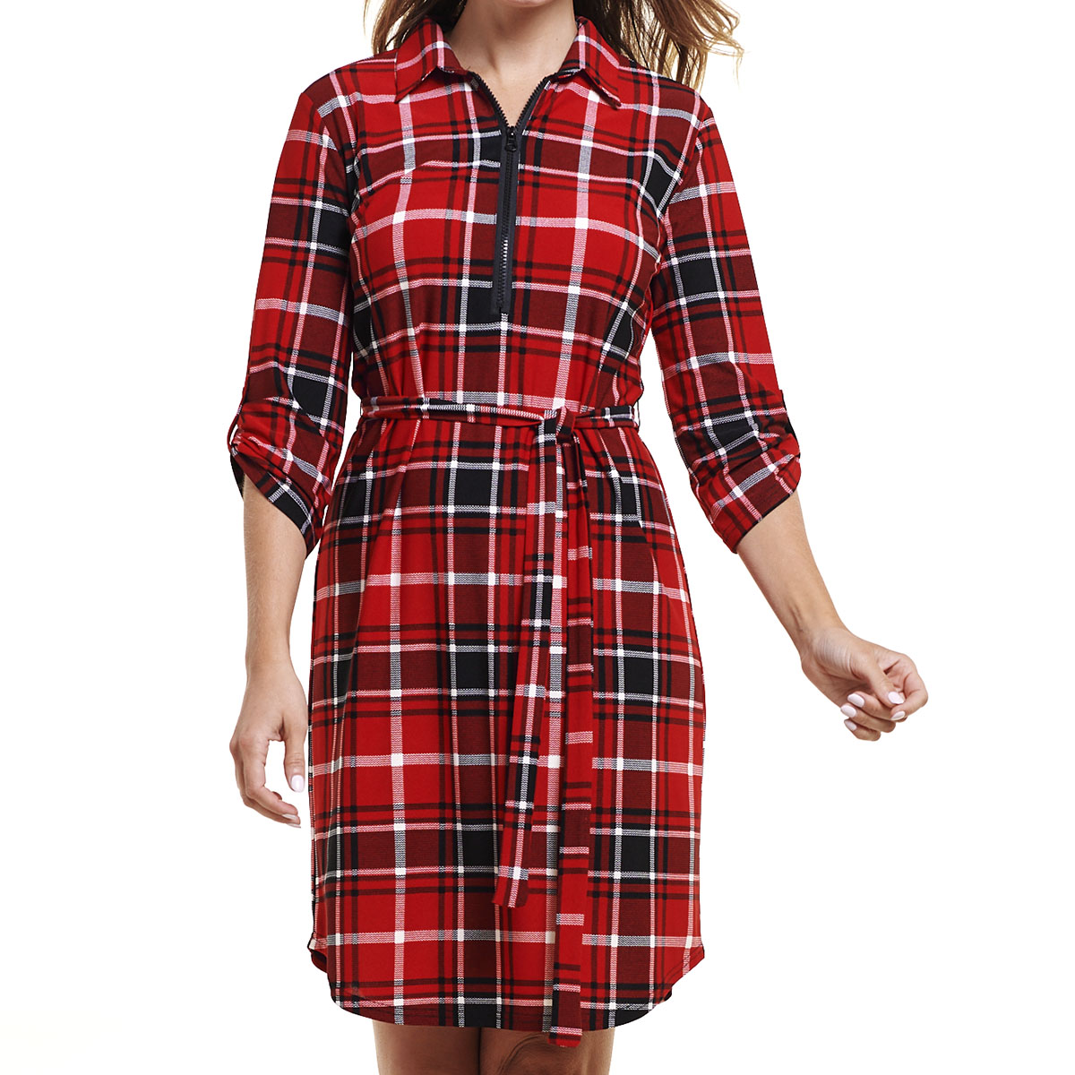 Womens Mlle Gabrielle Long Sleeve Plaid 1/2 Zip Neck Shirtdress