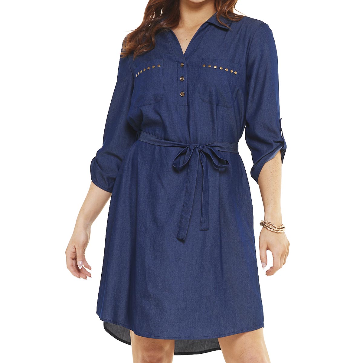 Womens Mlle Gabrielle Long Sleeve Tencel Stud Pocket Shirtdress