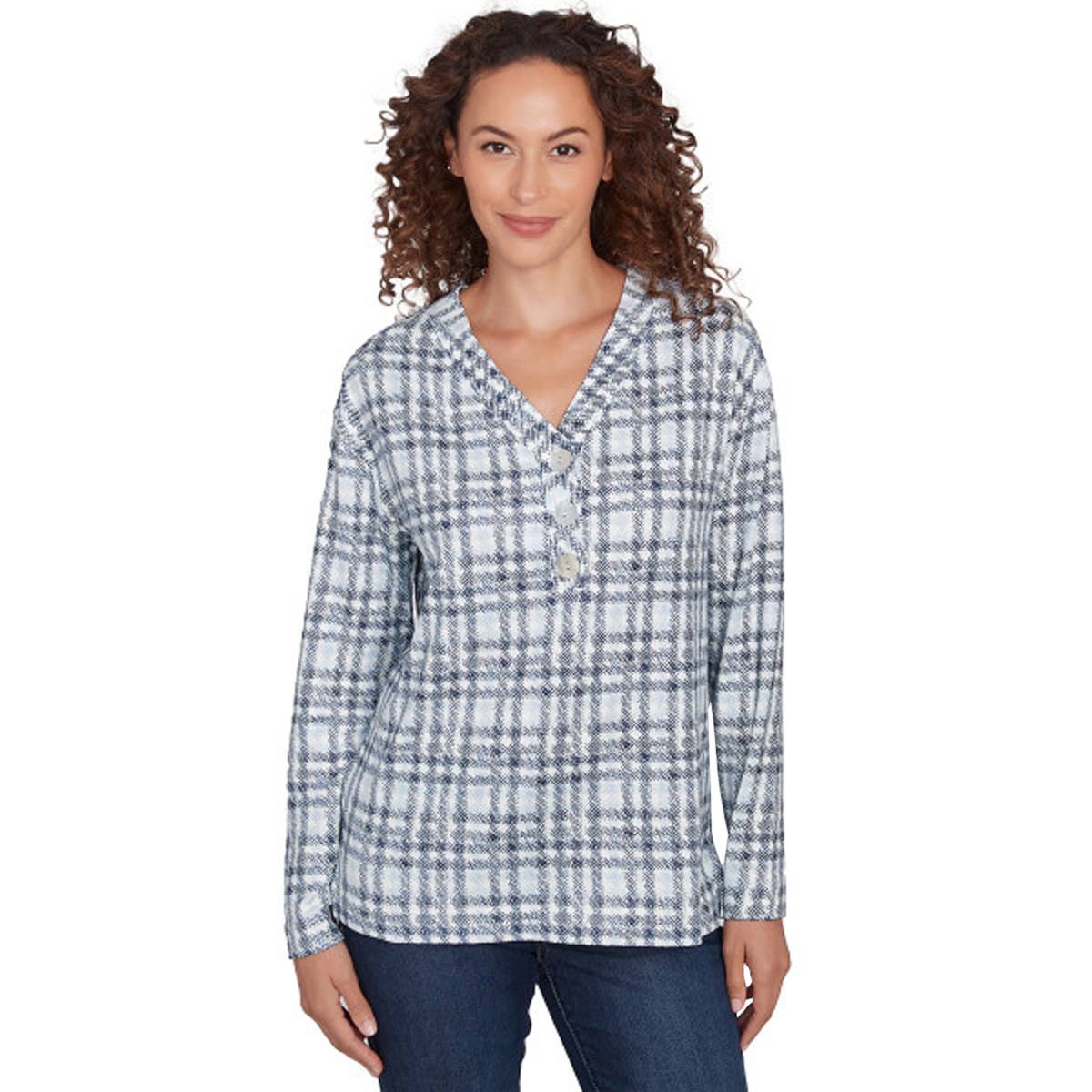 Womens Skye's The Limit Harbor Fest Long Sleeve Dot Plaid Tee