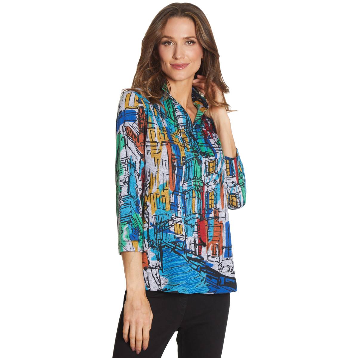 Womens Ali Miles 3/4 Sleeve Abstract Button Front Tunic