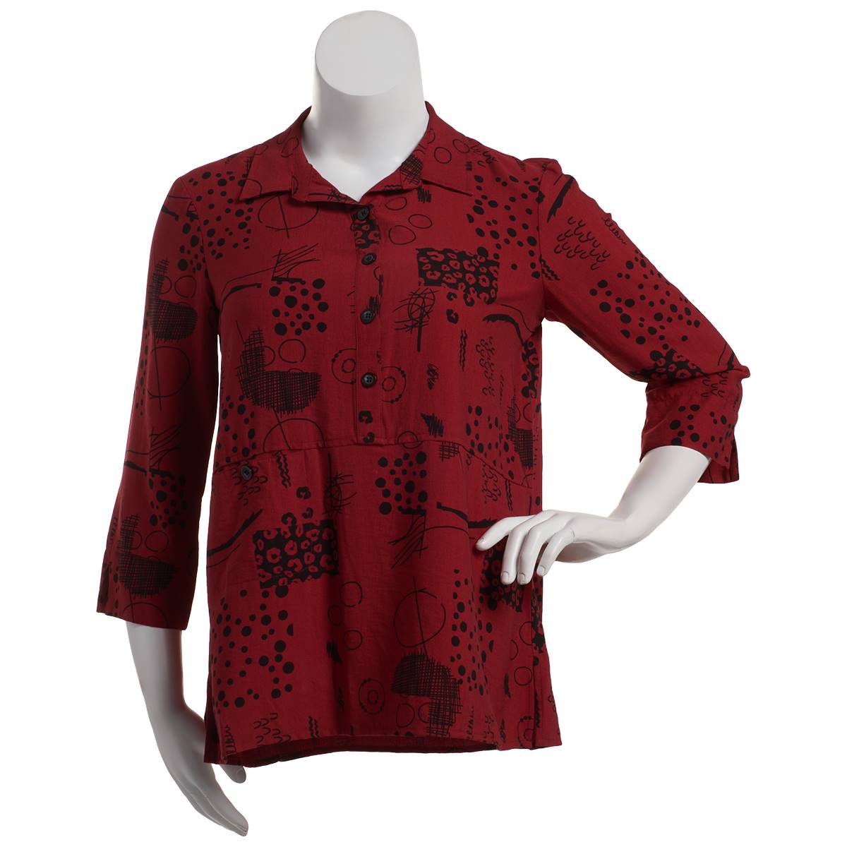 Womens Ali Miles 3/4 Sleeve Doodle Button Front Tunic Blouse