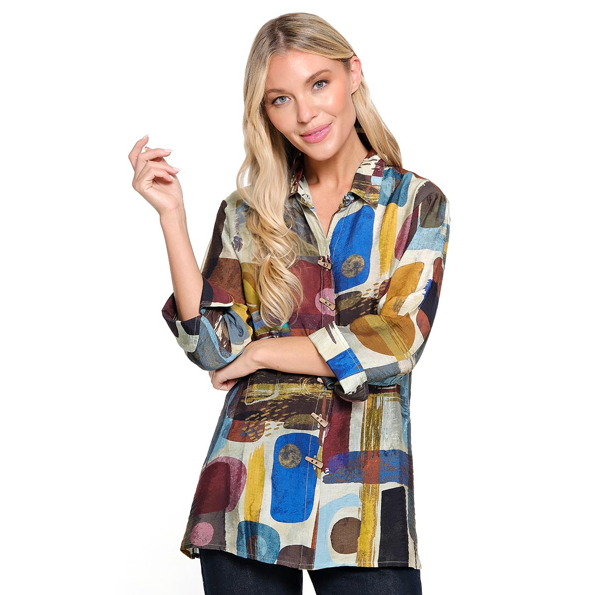 Womens Ali Miles 3/4 Sleeve Colorful Block Button Tunic Blouse