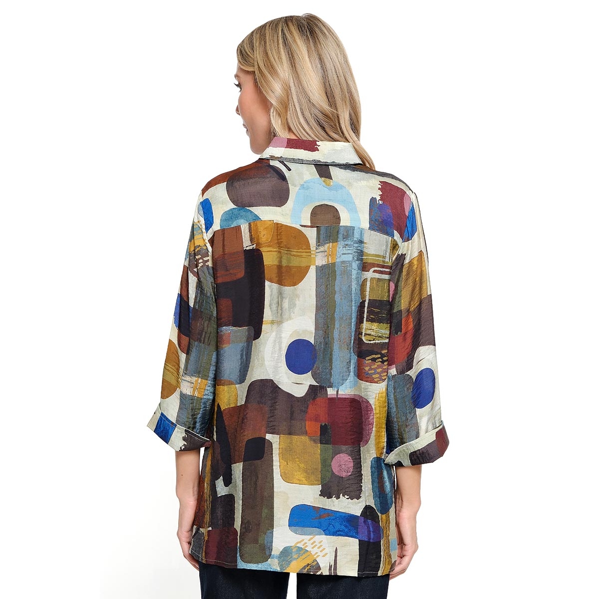 Womens Ali Miles 3/4 Sleeve Colorful Block Button Tunic Blouse