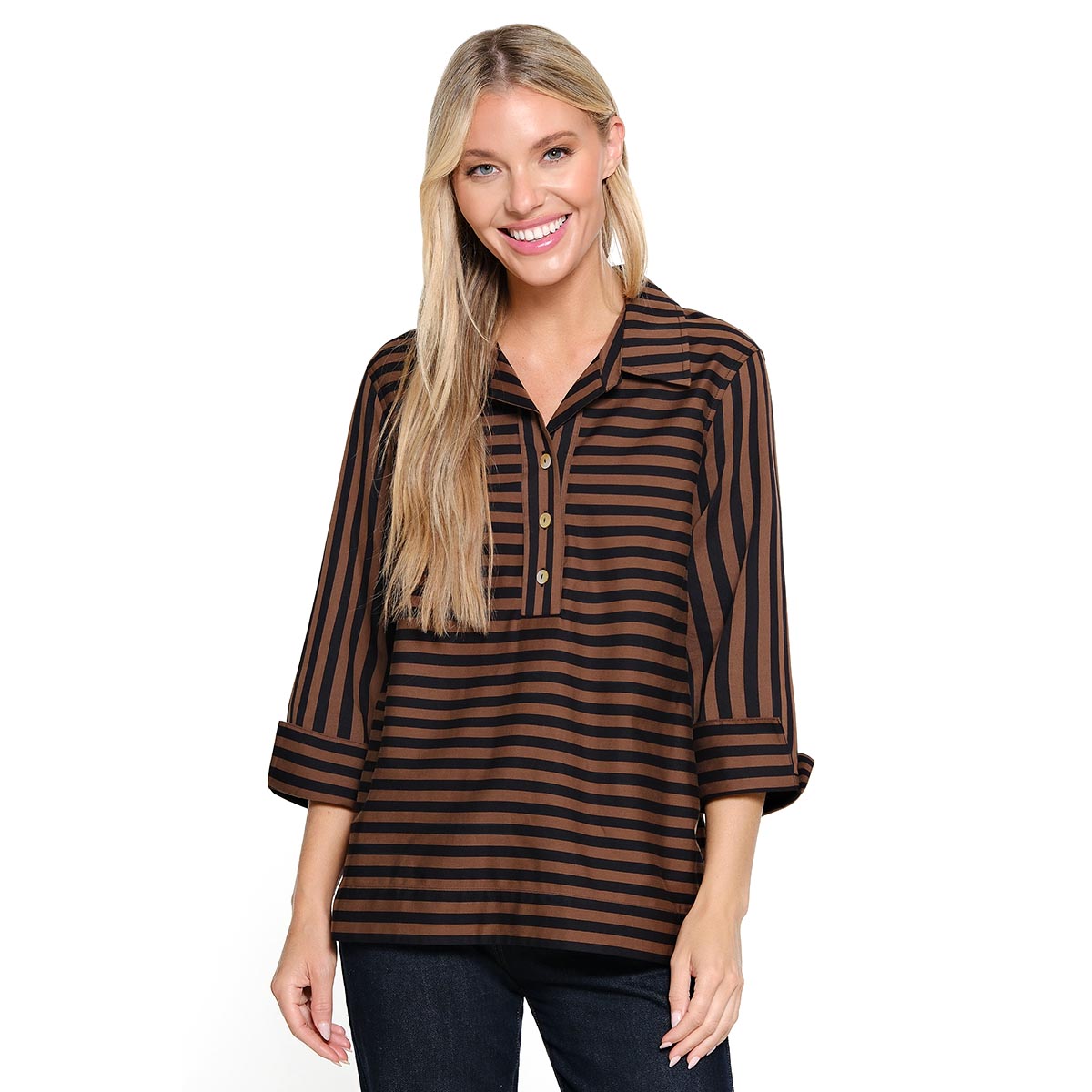 Petite Ali Miles 3/4 Sleeve Stripe Button Back Tunic Blouse