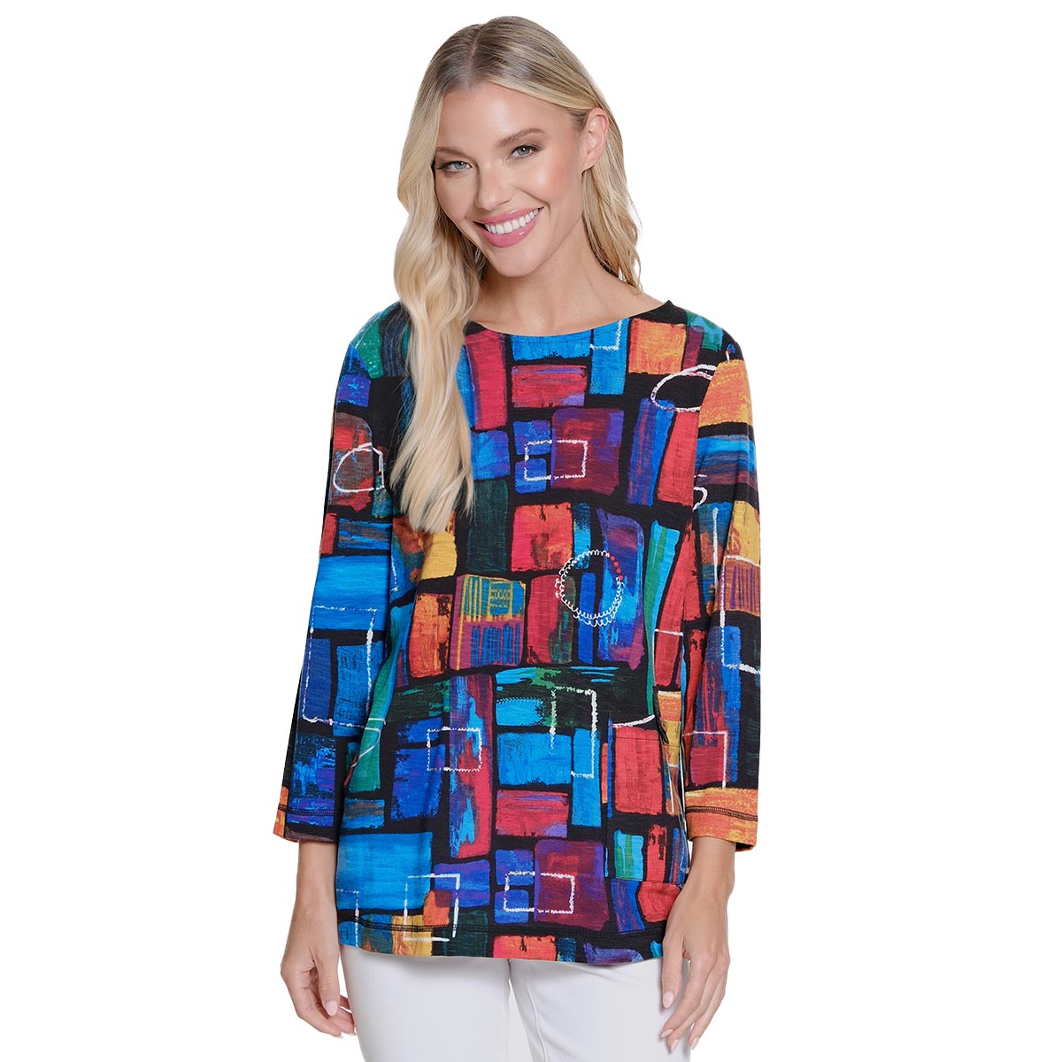 Womens Ali Miles 3/4 Sleeve Color Block Tunic Tee