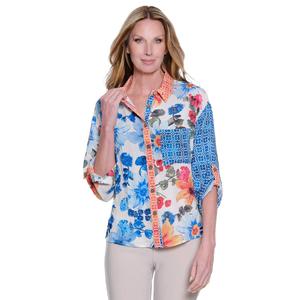 Womens Ali Miles 3/4 Tab Sleeve Floral Medallion Blouse
