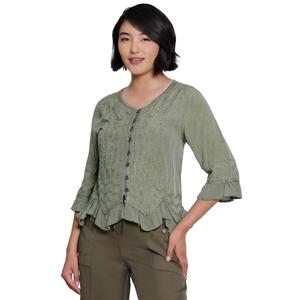 Petite Ali Miles 3/4 Sleeve Ruffle Detail Embroidery Blouse