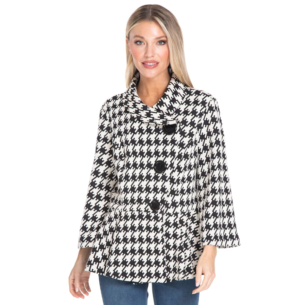 Womens Ali Miles 3/4 Sleeve Houndstooth Button Front Jacket