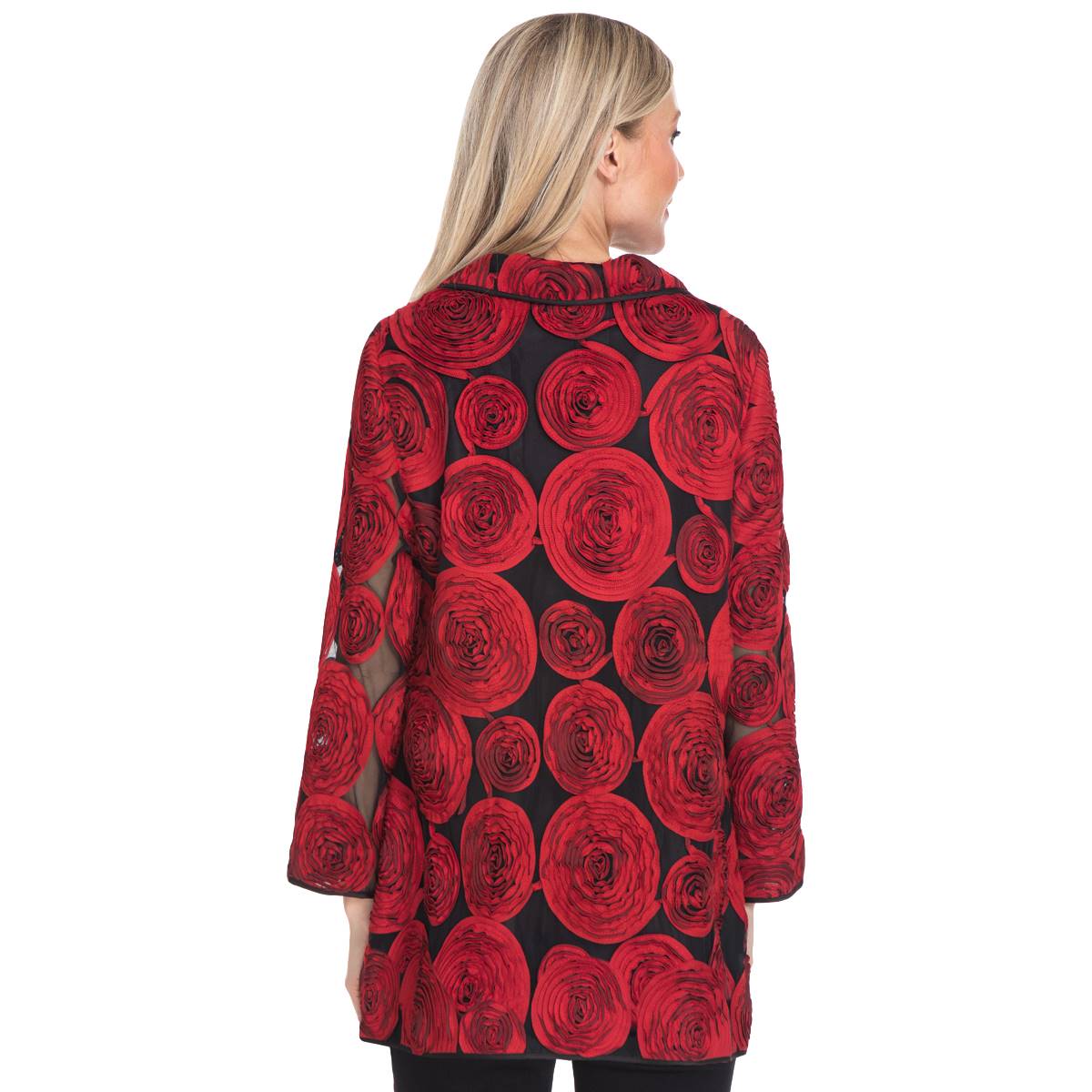 Womens Ali Miles 3/4 Sleeve Textured Woven Roses Flyaway Jacket