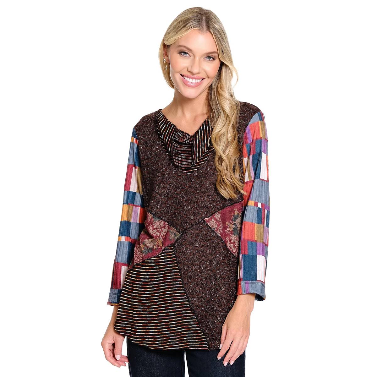 Womens Ali Miles 3/4 Sleeve Cowl Mixed Media Patch Tunic Blouse