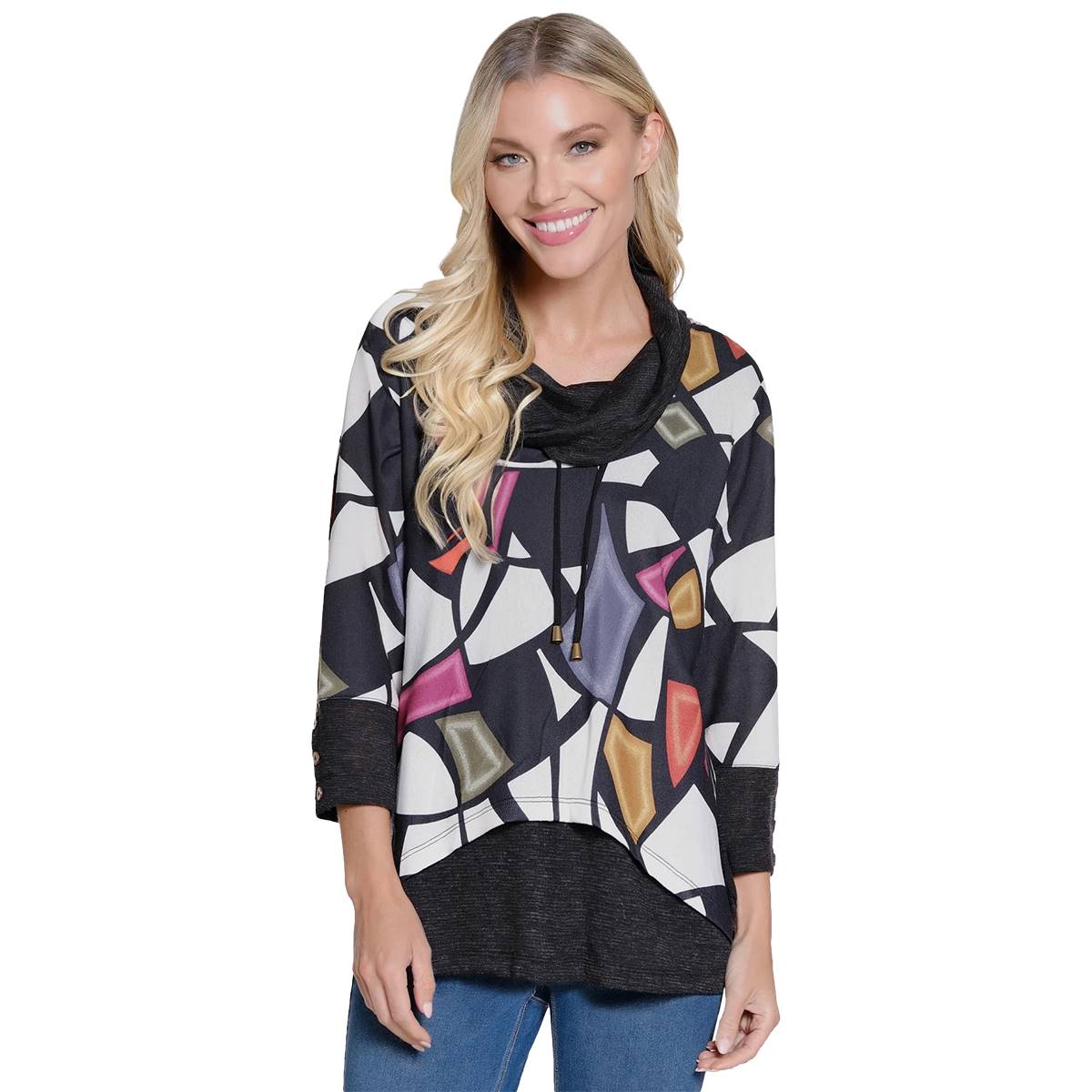 Womens Ali Miles 3/4 Sleeve Cowl Neck Geometric Tunic Sweater