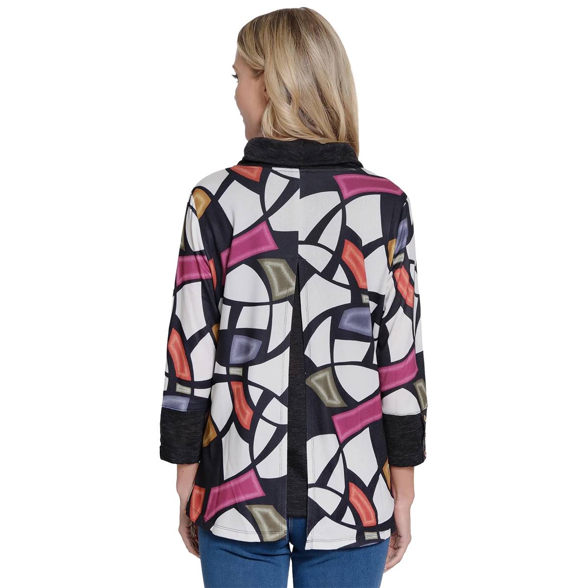 Womens Ali Miles 3/4 Sleeve Cowl Neck Geometric Tunic Sweater